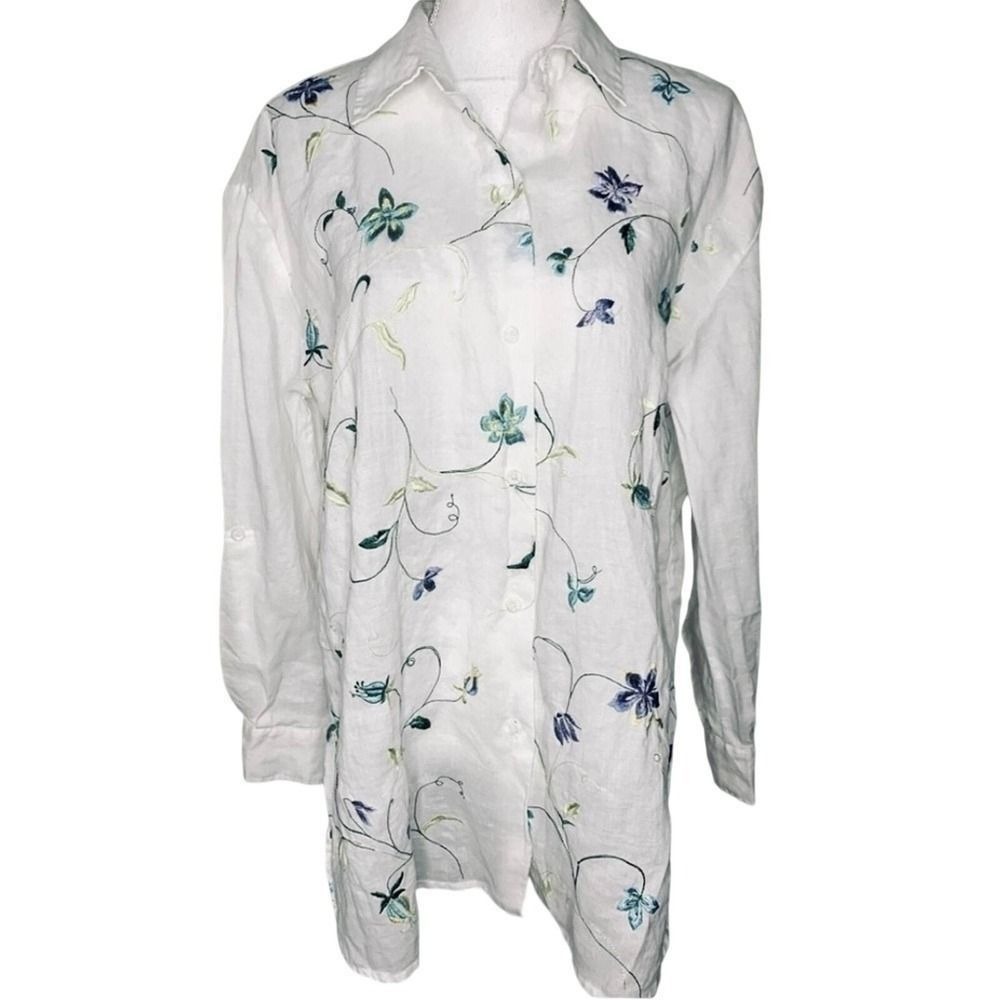 Allison Taylor Linen Embroidered Floral Button Down Shirt Women Large 100% Linen
